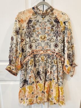 Womens Floral Boho Tiered Dress in Cream, Yellow & Peach